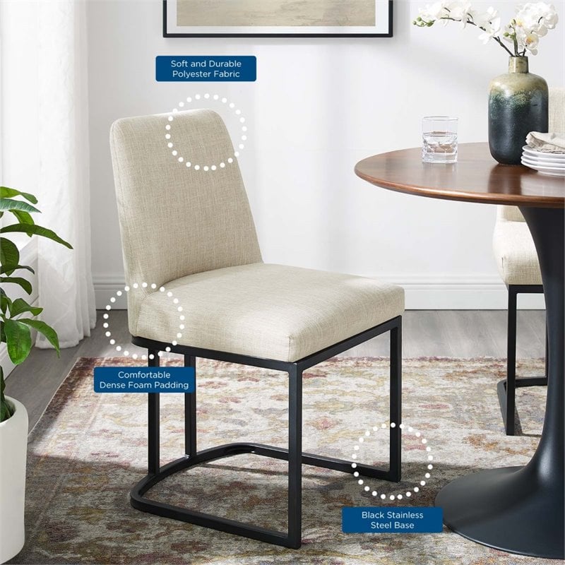 Pemberly Row Sled Base Dining Side Chair in Black and Beige Fabric