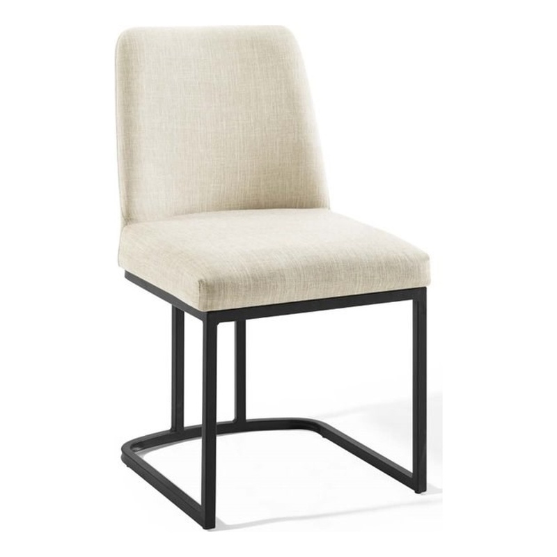 Pemberly Row Sled Base Dining Side Chair in Black and Beige Fabric