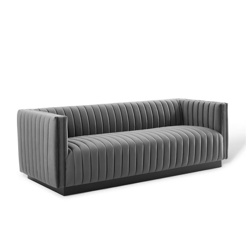 Pemberly Row Channel Tufted Velvet Sofa in Grey Fabric Finish
