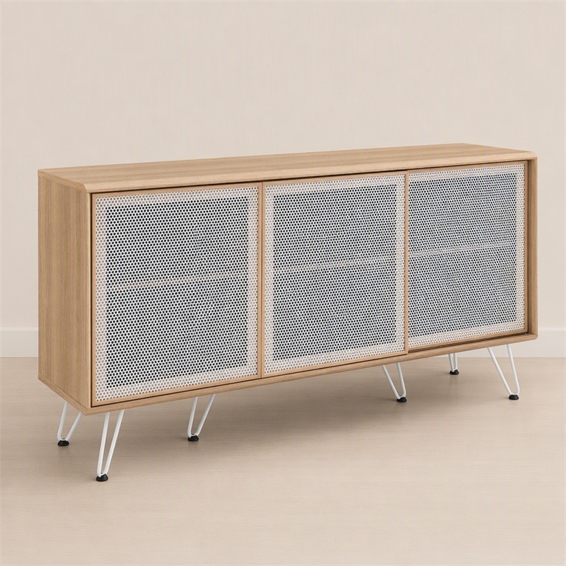 Pemberly Row Oak Wood Grain Laminate Sideboard with Mesh Doors