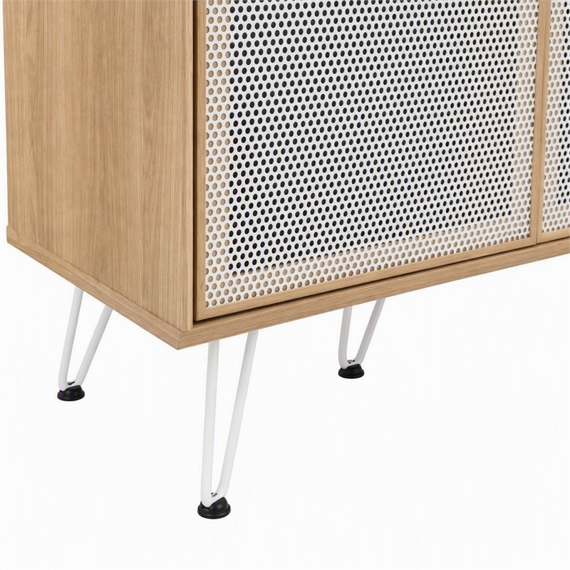 Pemberly Row Oak Wood Grain Laminate Sideboard with Mesh Doors