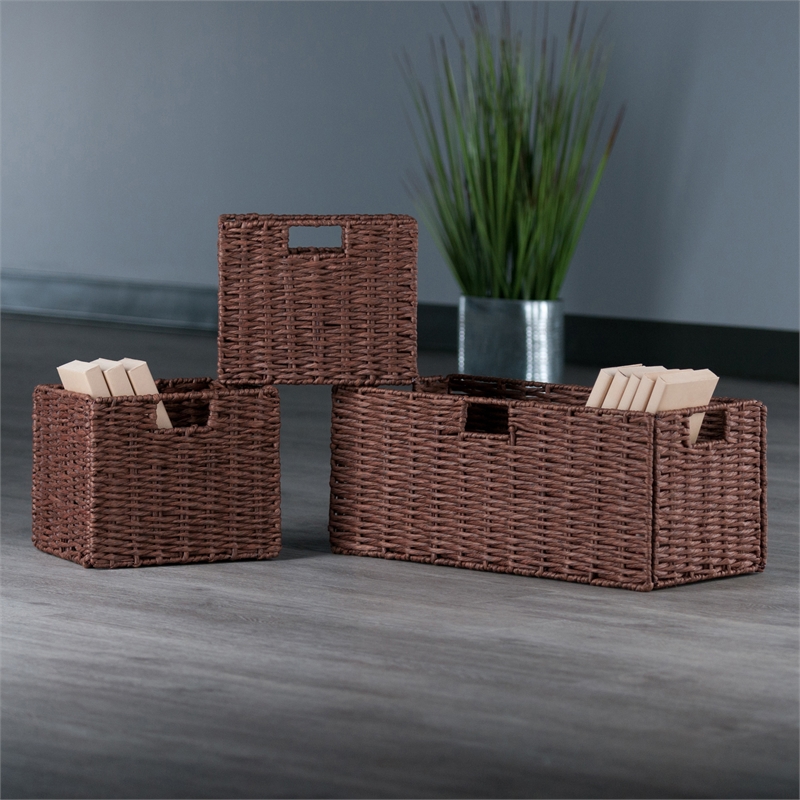 Pemberly Row 3-Piece Foldable Rope Rattan Basket Set in Walnut Finish