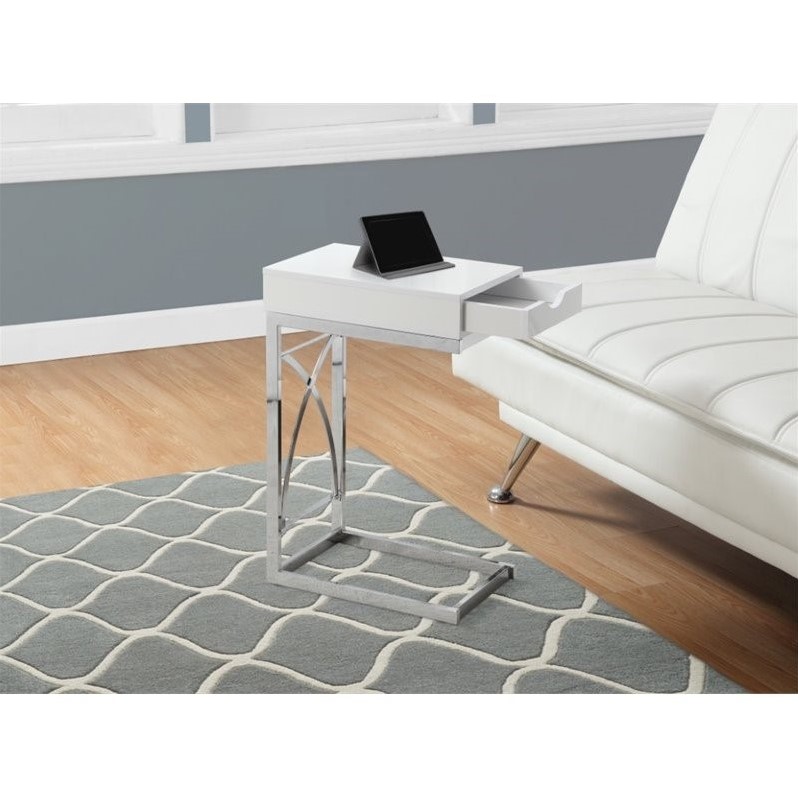 Pemberly Row C-Shaped End Side Table with Glossy White Finish and Drawer