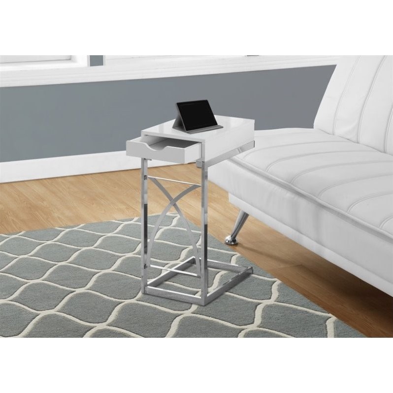 Pemberly Row C-Shaped End Side Table with Glossy White Finish and Drawer