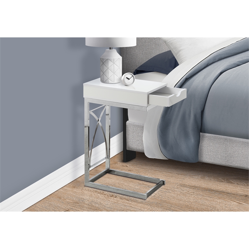 Pemberly Row C-Shaped End Side Table with Glossy White Finish and Drawer