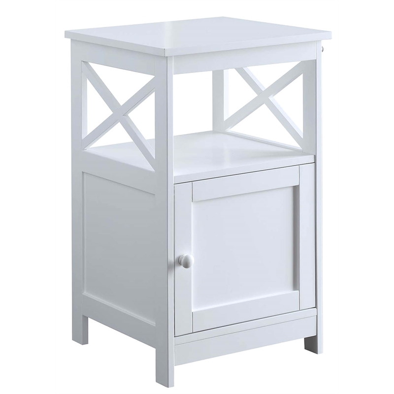 Pemberly Row Oxford End Table with Cabinet and Bottom Shelf in White Wood