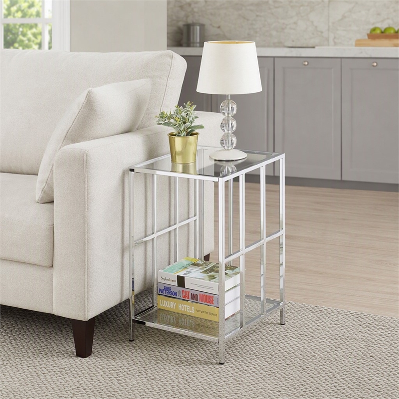 Pemberly Row Mission Glass End Table with Chrome Frame and 2 Tiers