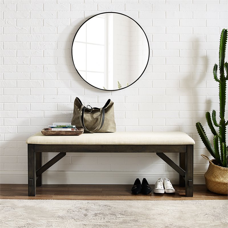 Pemberly Row Wood Bench with Upholstered Slate and Cream Linen Seat