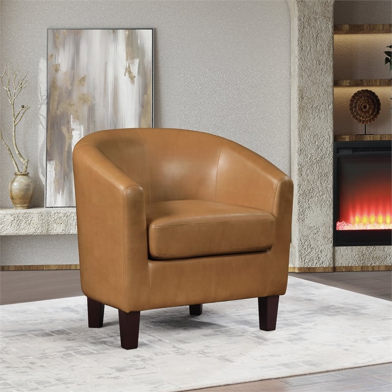 Pemberly Row Camel Faux Leather Tub Chair with Dark Espresso Wood Legs