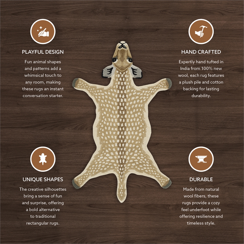 Pemberly Row 3'x5' Antelope Shaped Wool Accent Rug in Beige and Brown