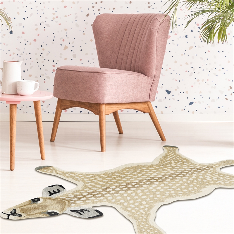 Pemberly Row 3'x5' Antelope Shaped Wool Accent Rug in Beige and Brown