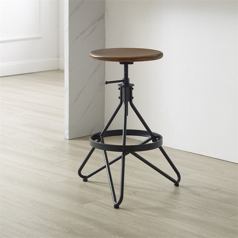 Pemberly Row Adjustable Metal Stool with Wood Seat in Brown/Matte Black