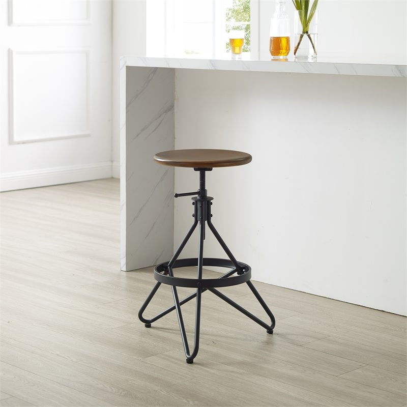 Pemberly Row Adjustable Metal Stool with Wood Seat in Brown/Matte Black