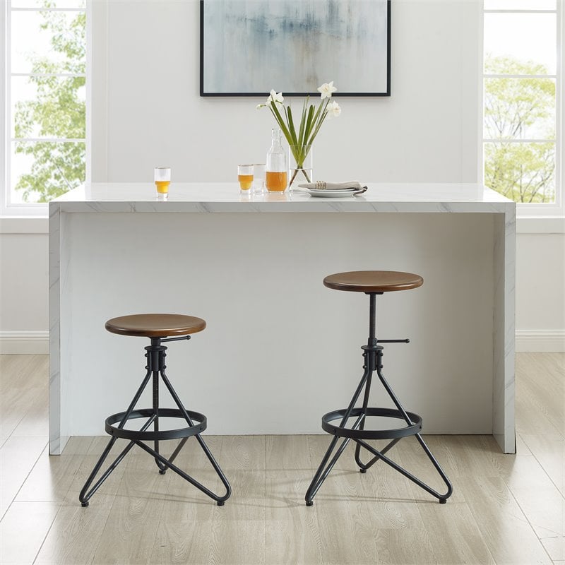 Pemberly Row Adjustable Metal Stool with Wood Seat in Brown/Matte Black