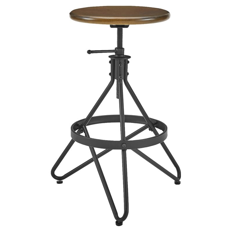 Pemberly Row Adjustable Metal Stool with Wood Seat in Brown/Matte Black