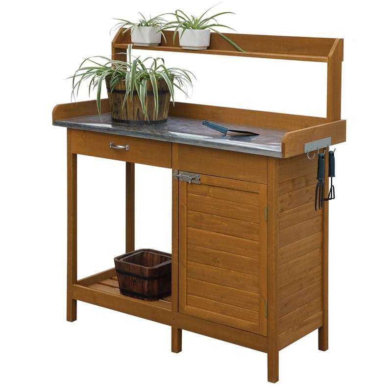 Pemberly Row Deluxe Potting Bench with Cabinet in Light Oak Finish