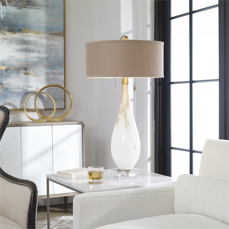 Pemberly Row Cardoni Iron Glass and Linen Table Lamp in White