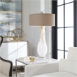 Pemberly Row Cardoni Iron Glass and Linen Table Lamp in White
