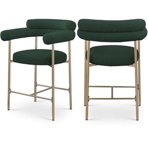 Pemberly Row Set of 2 Green Boucle Counter Stools with Brass Metal Frame