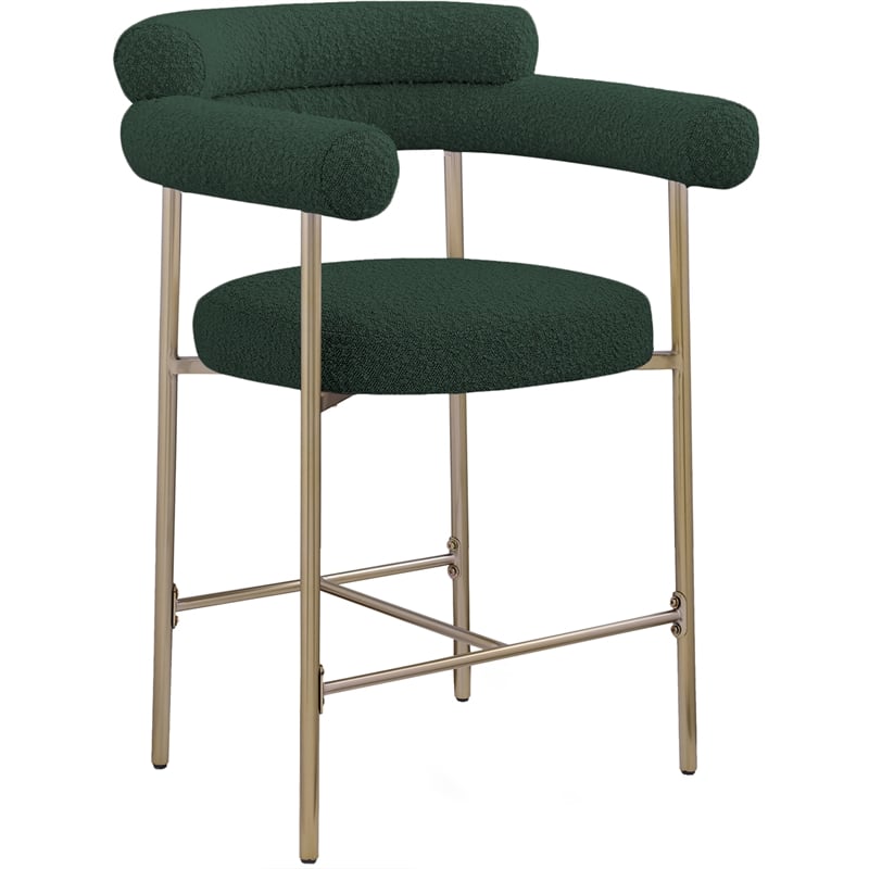 Pemberly Row Set of 2 Green Boucle Counter Stools with Brass Metal Frame