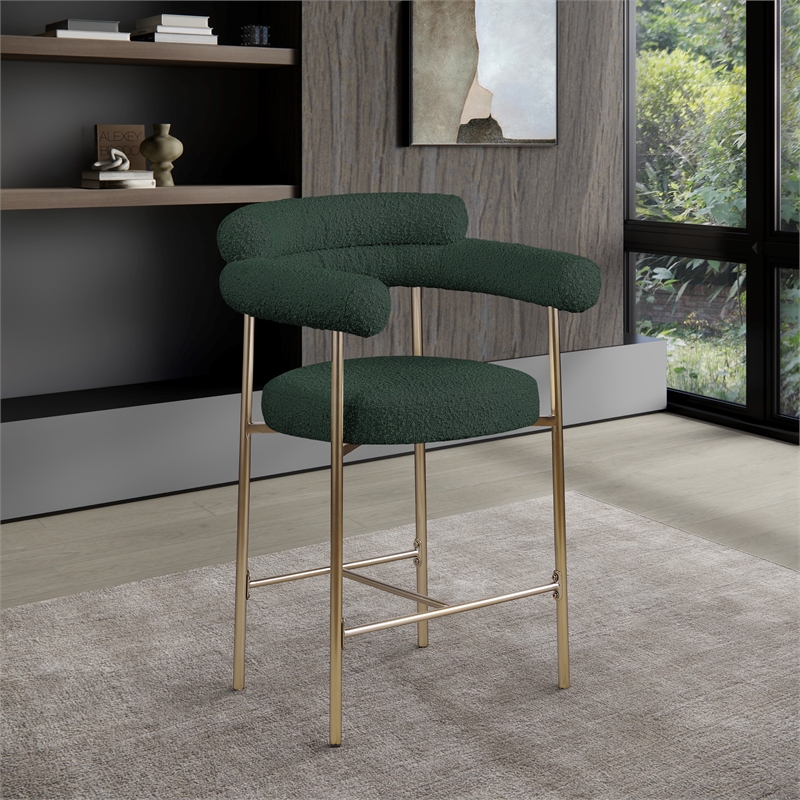 Pemberly Row Set of 2 Green Boucle Counter Stools with Brass Metal Frame