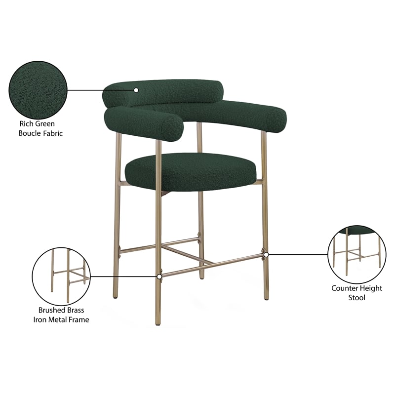 Pemberly Row Set of 2 Green Boucle Counter Stools with Brass Metal Frame