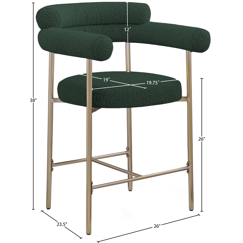 Pemberly Row Set of 2 Green Boucle Counter Stools with Brass Metal Frame