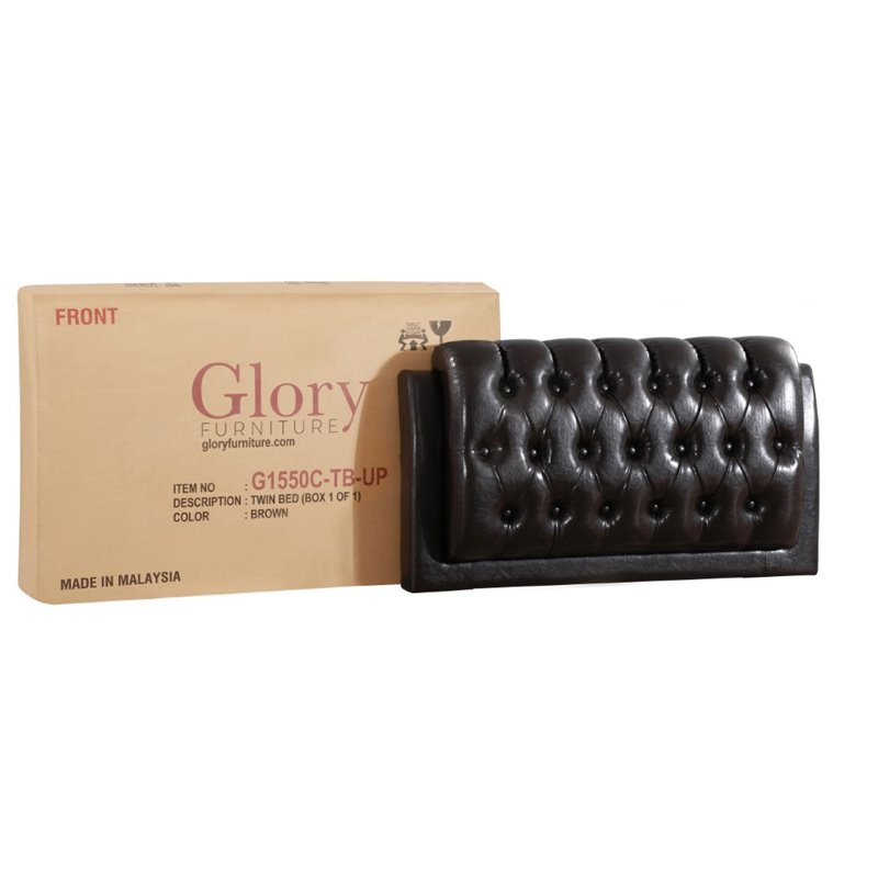 Pemberly Row Faux Leather Twin Upholstered Bed in Dark Brown Finish