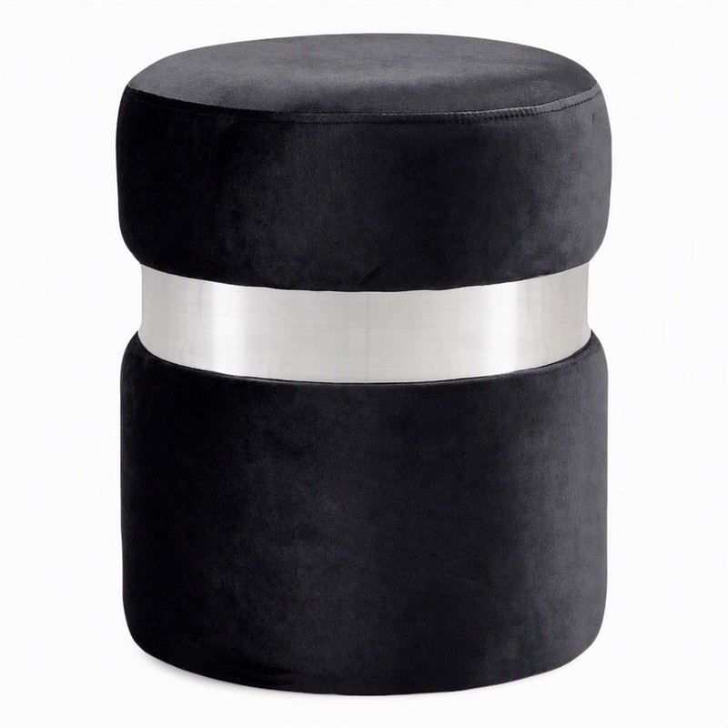 Pemberly Row Velvet Ottoman Stool in Black with Chrome Steel Band