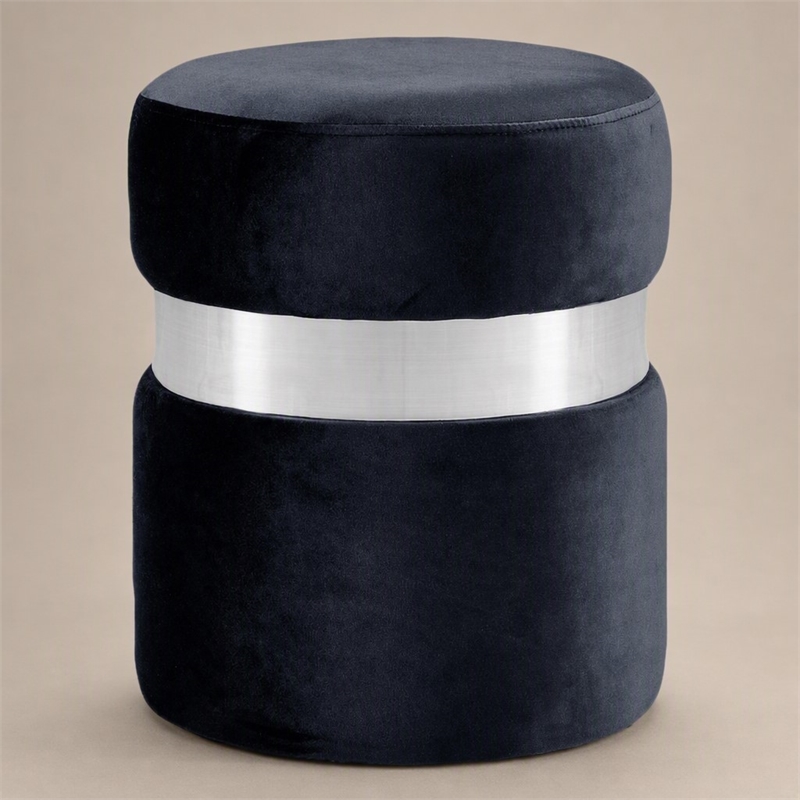 Pemberly Row Velvet Ottoman Stool in Black with Chrome Steel Band