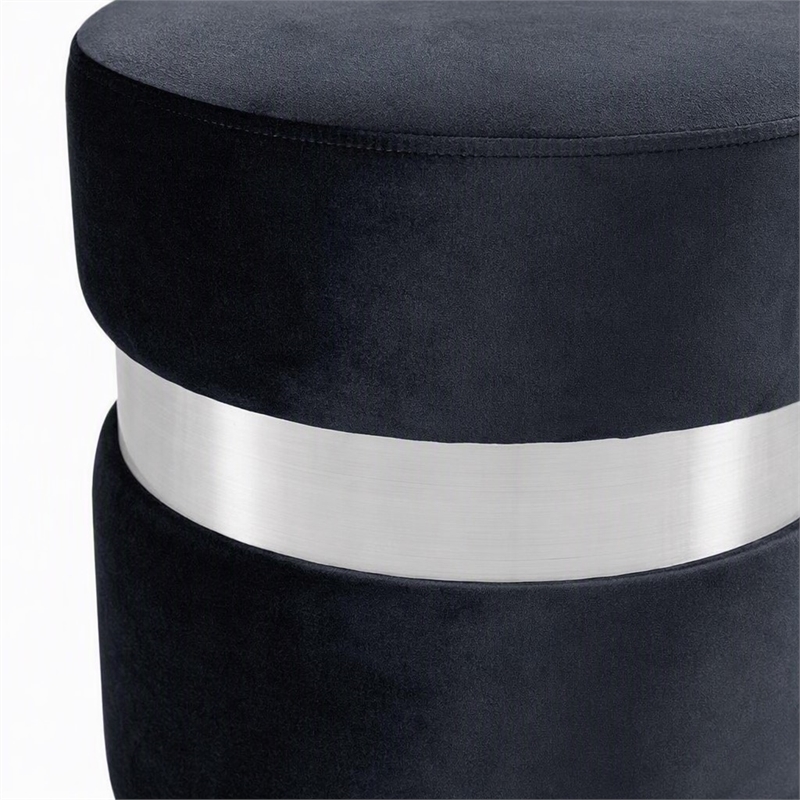 Pemberly Row Velvet Ottoman Stool in Black with Chrome Steel Band