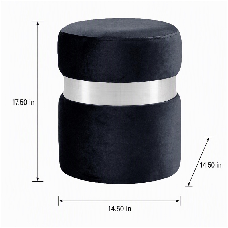 Pemberly Row Velvet Ottoman Stool in Black with Chrome Steel Band