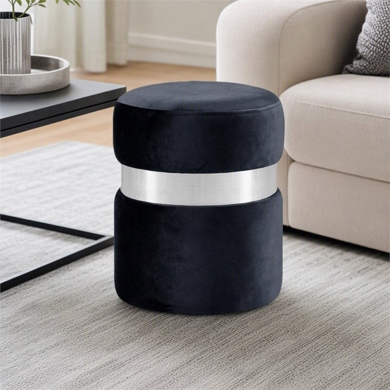 Pemberly Row Velvet Ottoman Stool in Black with Chrome Steel Band