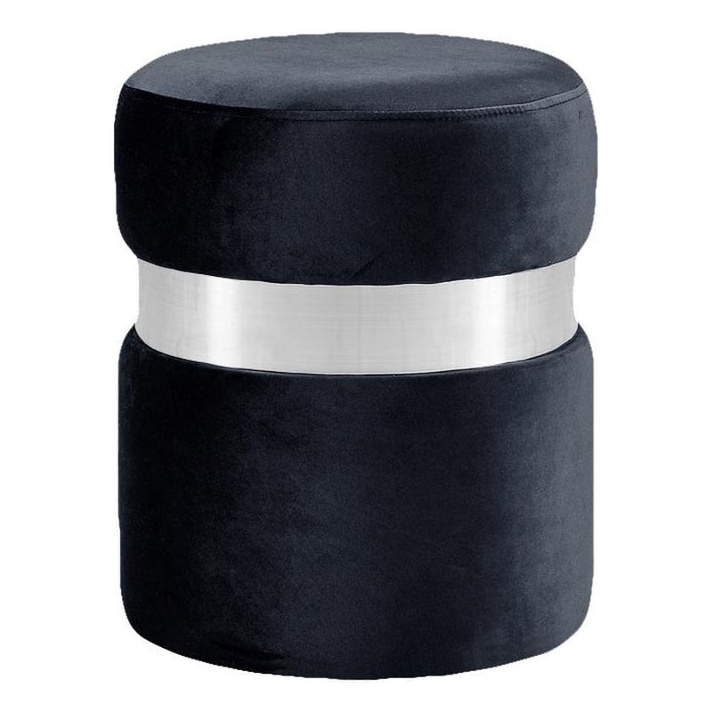 Pemberly Row Velvet Ottoman Stool in Black with Chrome Steel Band