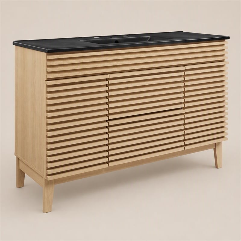 Pemberly Row 48 in Plastic & Wood Single Sink Bathroom Vanity in Oak/Black