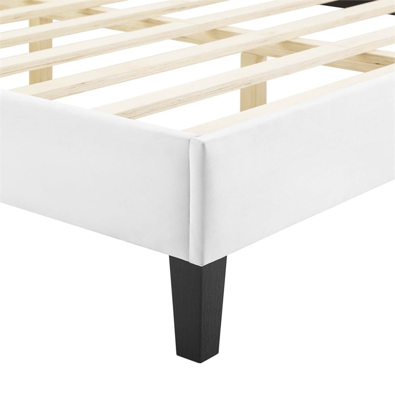 Pemberly Row Tufted Velvet Twin Platform Bed in White Upholstery
