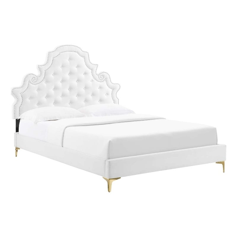 Pemberly Row Tufted Velvet Twin Platform Bed in White w/ Gold Legs