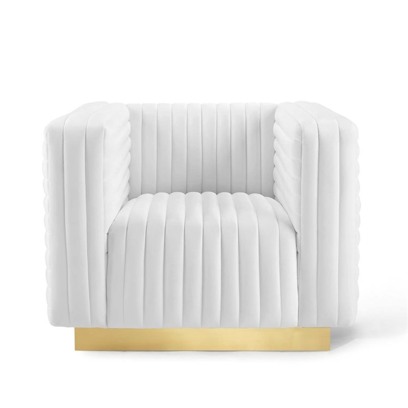 Pemberly Row Channel Tufted Performance Velvet Lounge Armchair in White