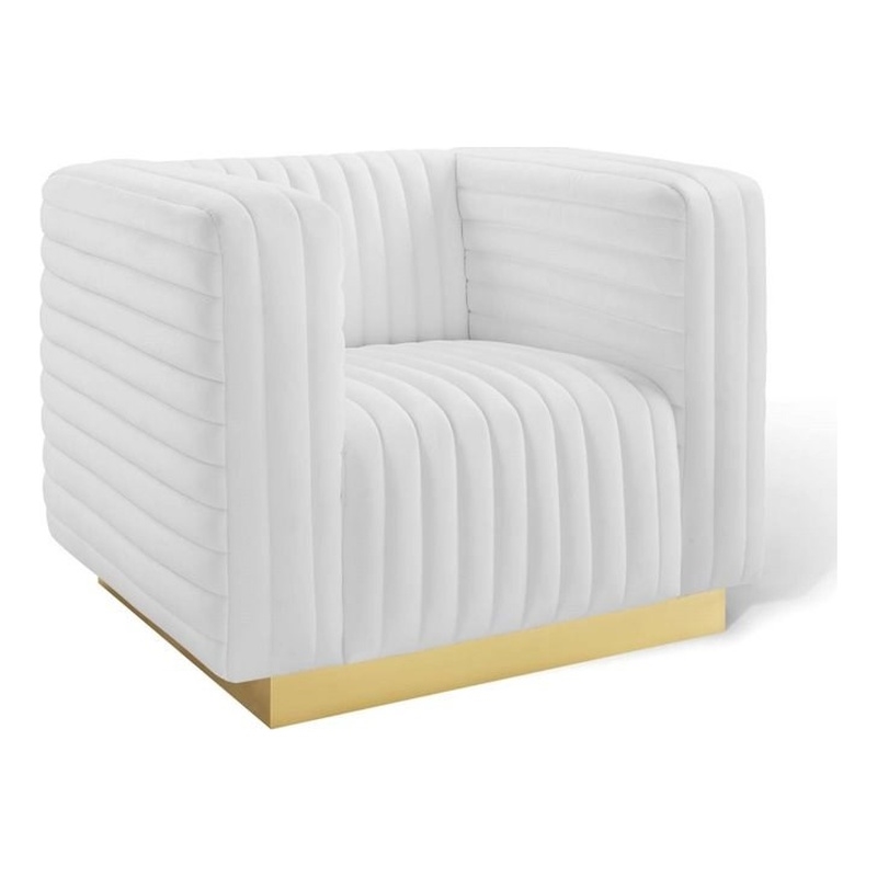 Pemberly Row Channel Tufted Performance Velvet Lounge Armchair in White