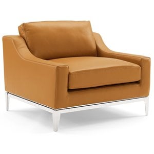 Pemberly Row Modern Leather Armchair in Tan with Stainless Steel Frame