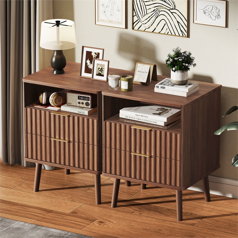 Pemberly Row Brown Fluted Nightstands Set of 2 with 2 Drawers