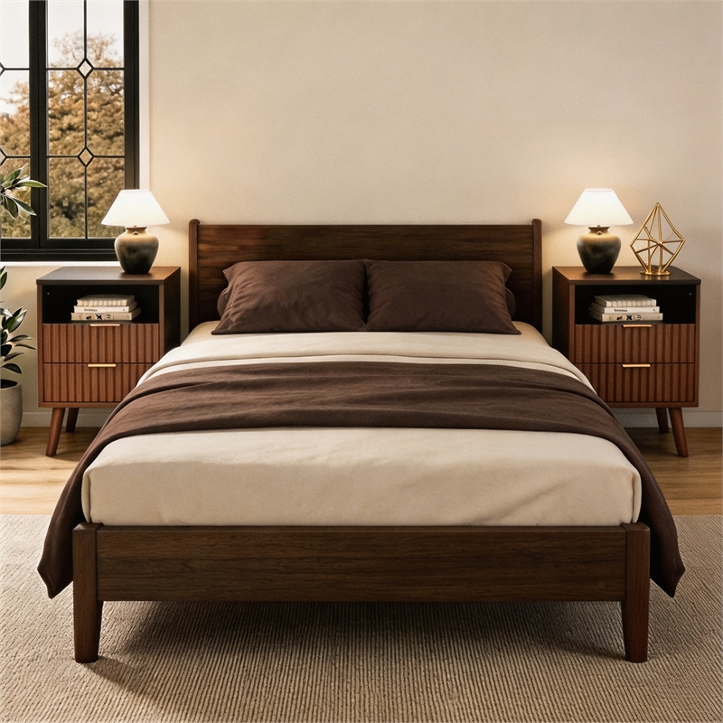 Pemberly Row Brown Fluted Nightstands Set of 2 with 2 Drawers