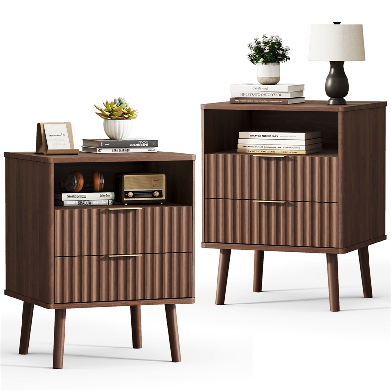 Pemberly Row Brown Fluted Nightstands Set of 2 with 2 Drawers