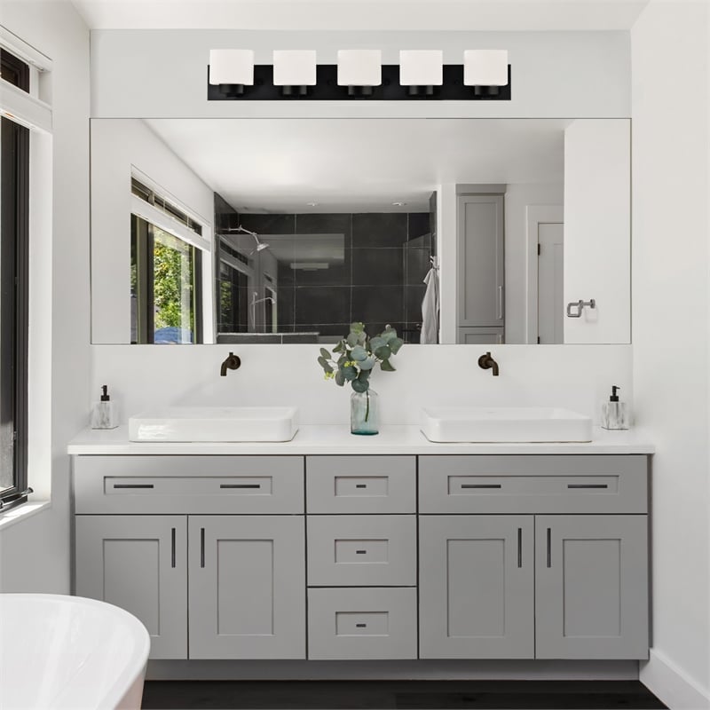 Pemberly Row Matte Black 5 Light Vanity Light with Frosted Glass Shades