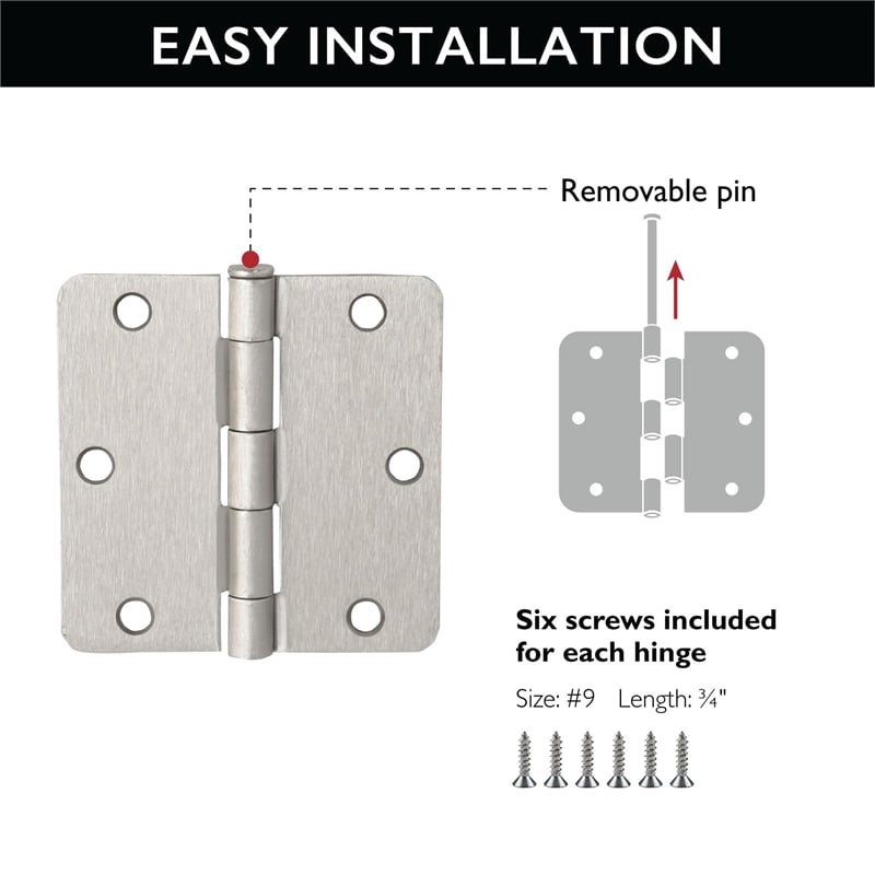 Pemberly Row Satin Nickel Steel Door Hinges 3-Pack with 1/4-Inch Radius