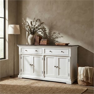 Pemberly Row Accent Buffet in White with Dark Mahogany Top