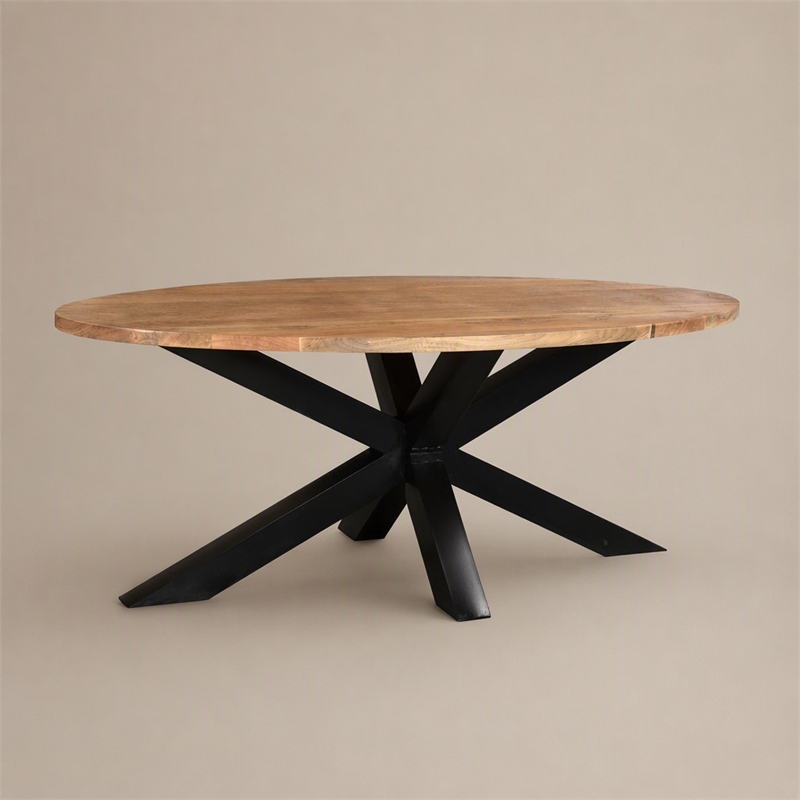 Pemberly Row Oval Dining Table Solid Mango Wood Natural Black Base 78 in