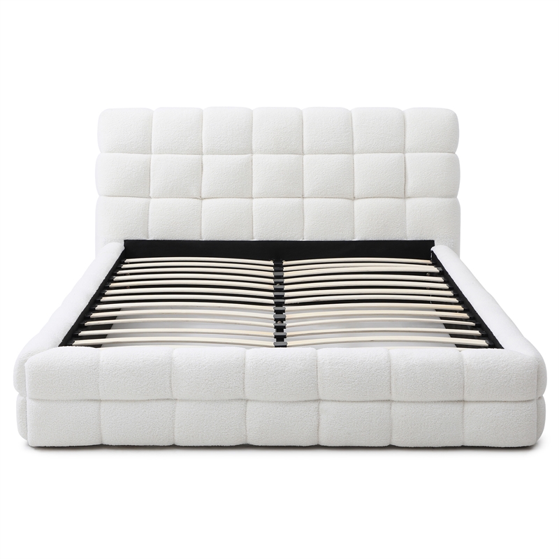Pemberly Row Queen Upholstered Bed Frame Plush Fabric White 97.5