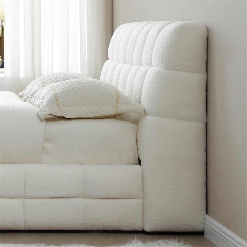 Pemberly Row Queen Upholstered Bed Frame Plush Fabric White 97.5
