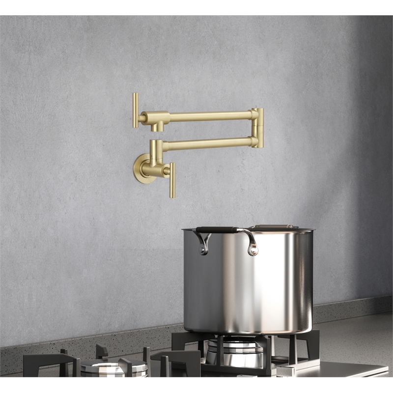 Pemberly Row Brass Wall Mounted Pot Filler Faucet in Brushed Gold